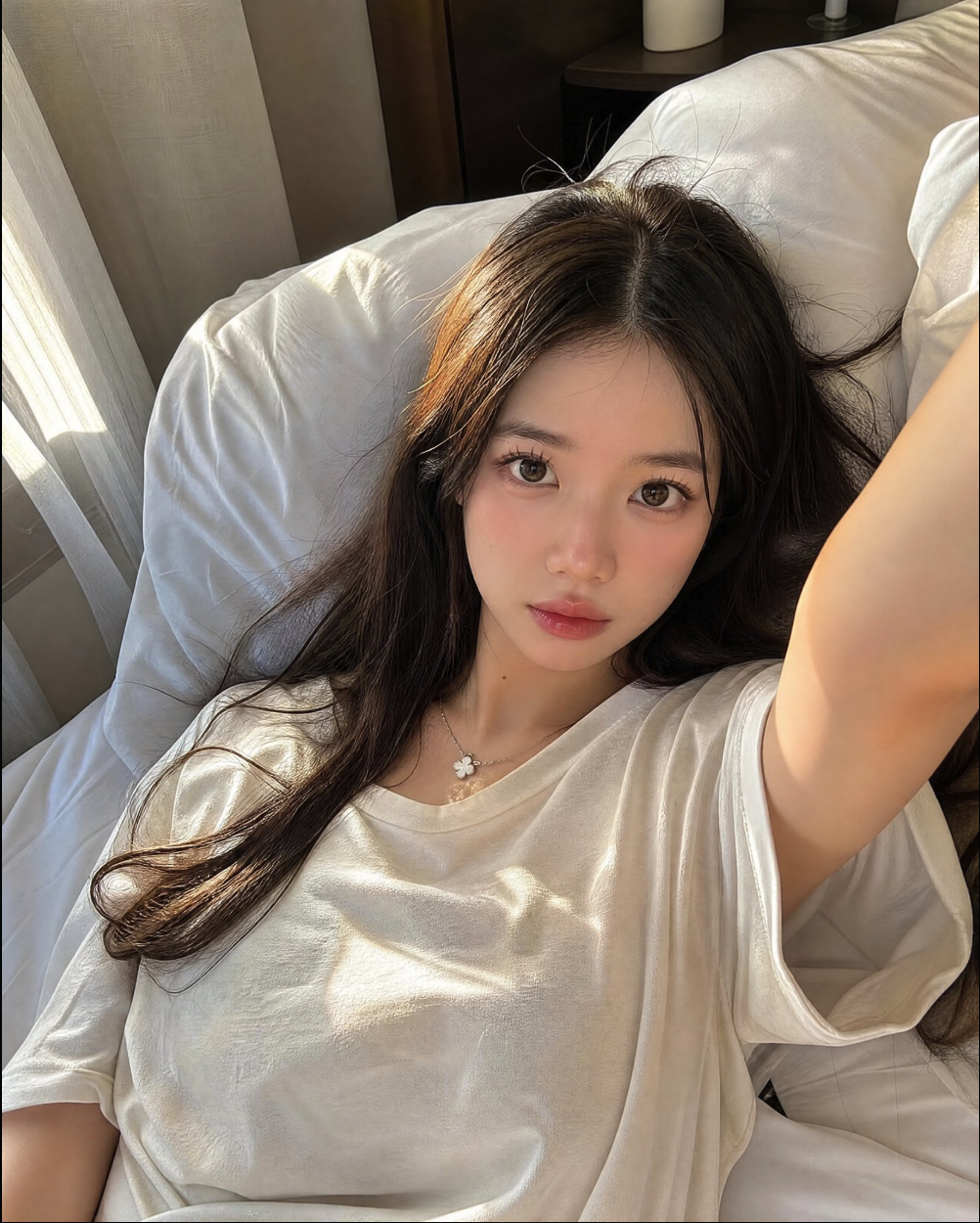 A woman with long dark hair taking a selfie while lying on white bedding in a softly lit bedroom.