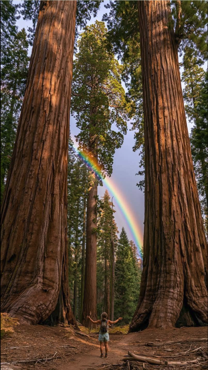 A person standing with arms raised between two giant sequoia trees, beneath a rainbow arching across the forest.