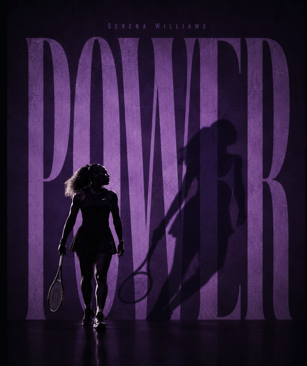 A silhouetted figure resembling Serena Williams holding a tennis racket against large purple 'POWER' text.