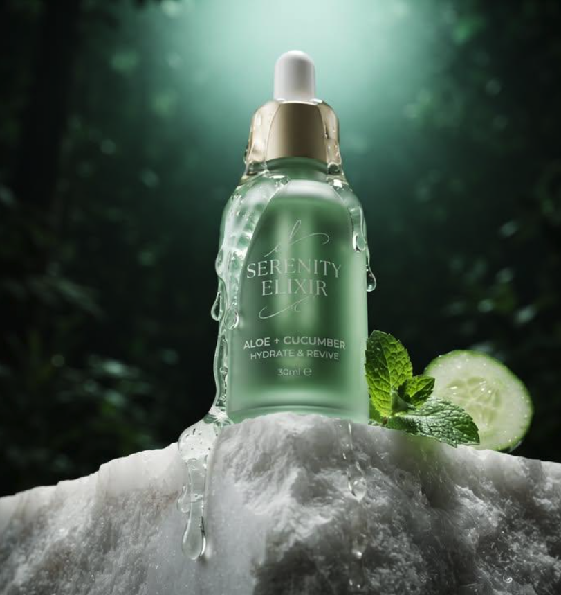 A green glass dropper bottle labeled "Serenity Elixir Aloe + Cucumber" resting on ice beside mint leaves and a cucumber slice.