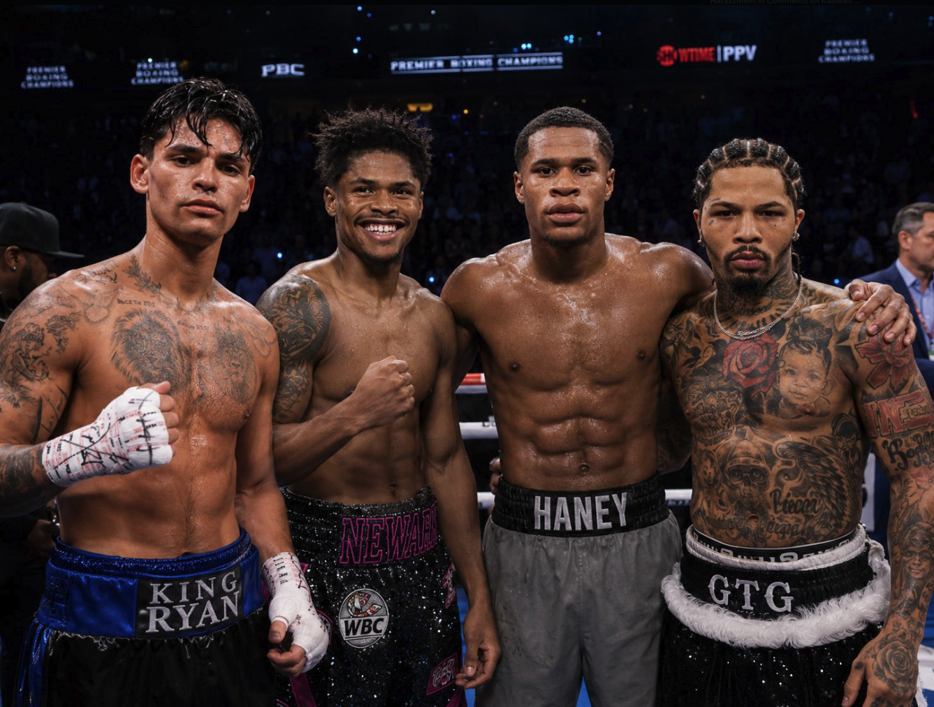 AI-generated image of Shakur Stevenson, Ryan Garcia, Devin Haney, and Gervonta "Tank" Davis posing in the ring