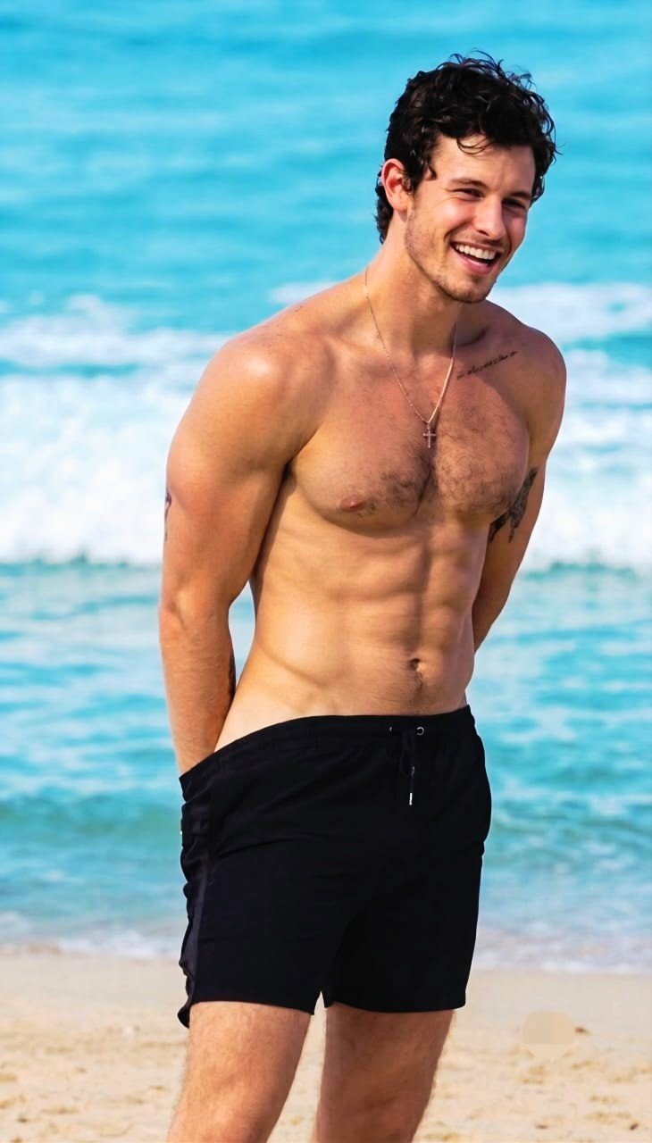 A shirtless man resembling Shawn Mendes smiling on a beach, wearing black swim shorts and a cross necklace.