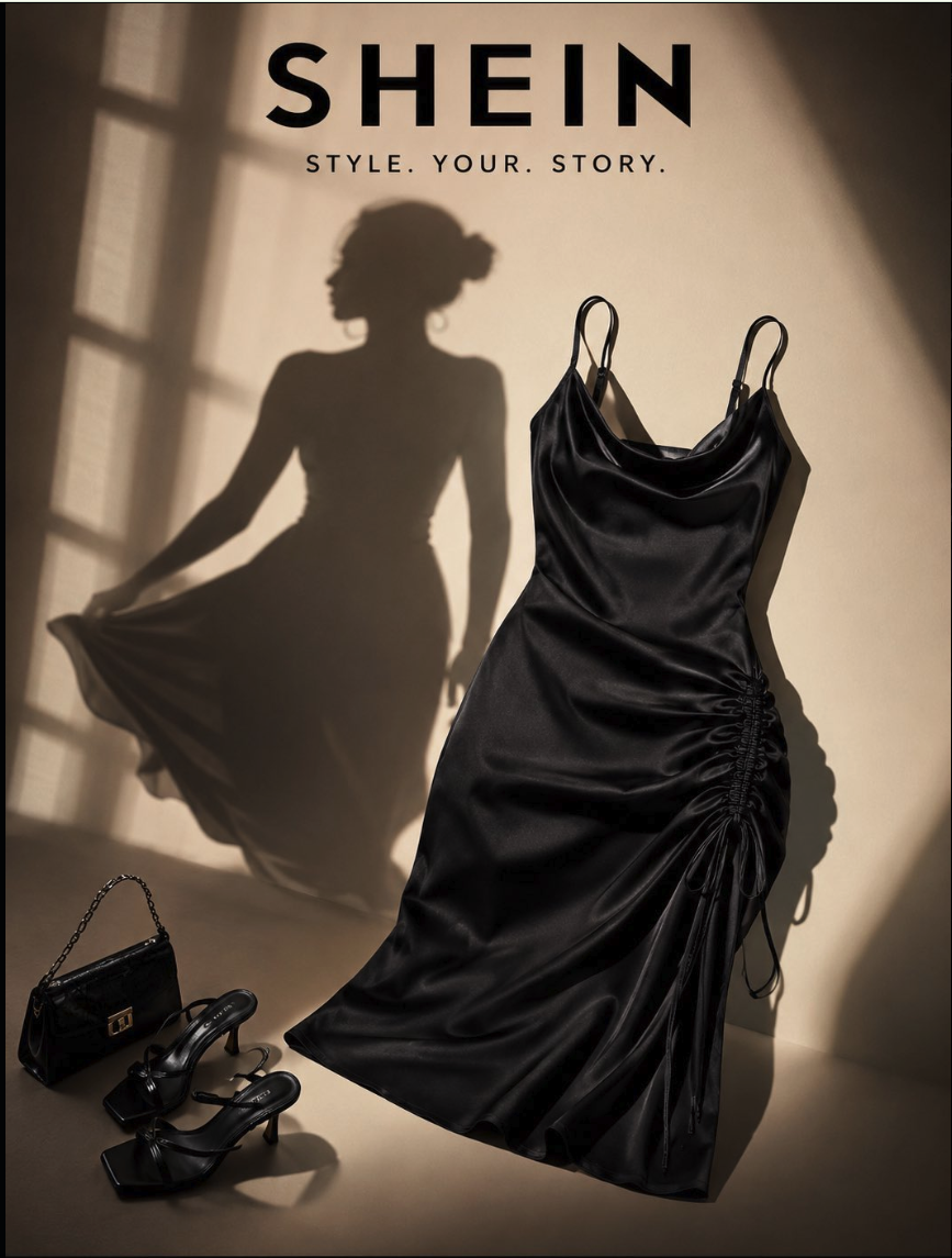 A silhouette of a woman beside a black satin slip dress, heels, and handbag under a SHEIN logo and 'Style. Your. Story.' tagline.