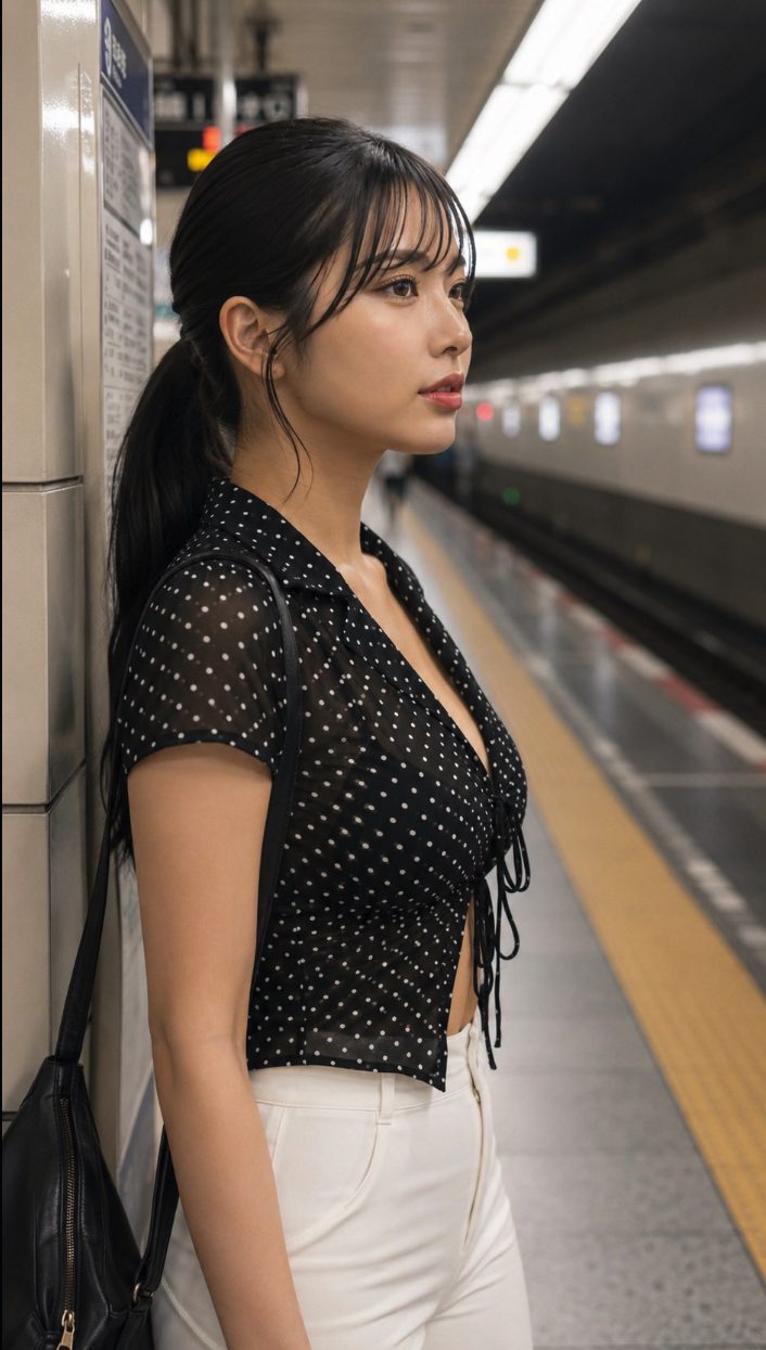 A woman standing on a train station platform in a sheer black polka-dot top and white pants.