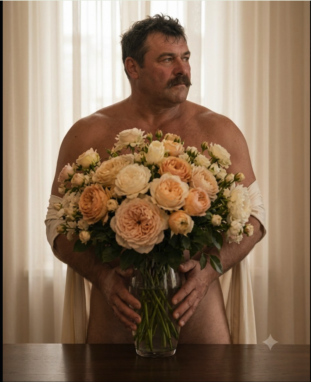 A shirtless man with dark hair and a mustache holding a large bouquet of peach and cream roses in a glass vase, standing in front of sheer curtains.