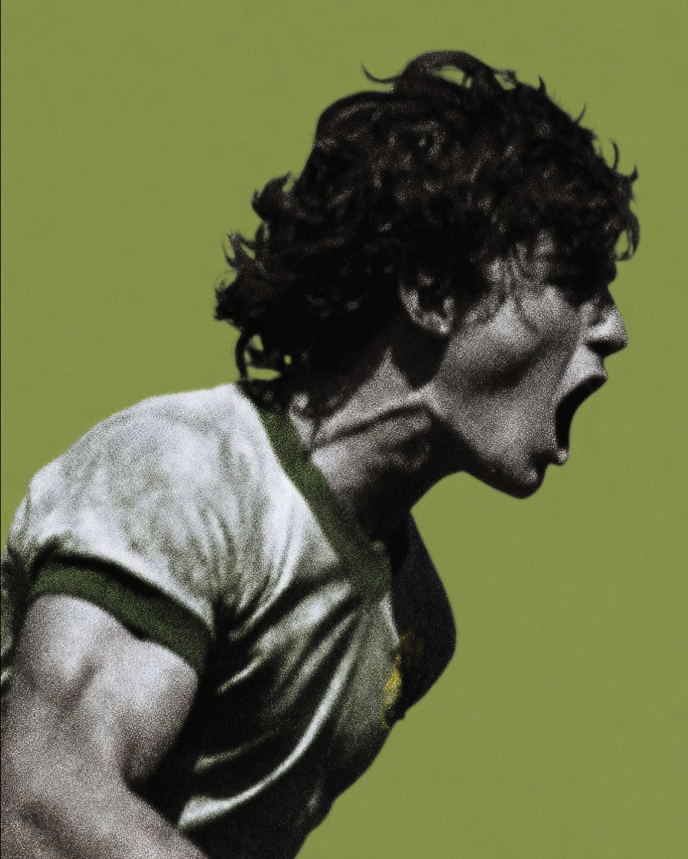 A young man with curly dark hair, mouth open wide as if shouting, wearing a white t-shirt against a green background.