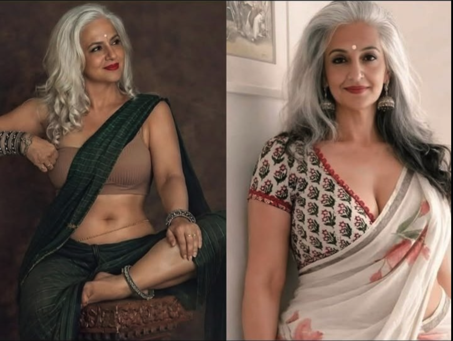Two side-by-side portraits of women with long silver-gray hair wearing traditional Indian sarees.