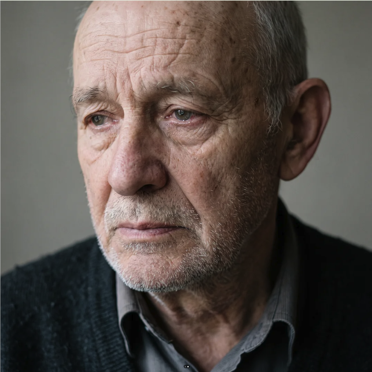 A close-up portrait of a man, an older man with gray hair and light eyes wearing a dark sweater.