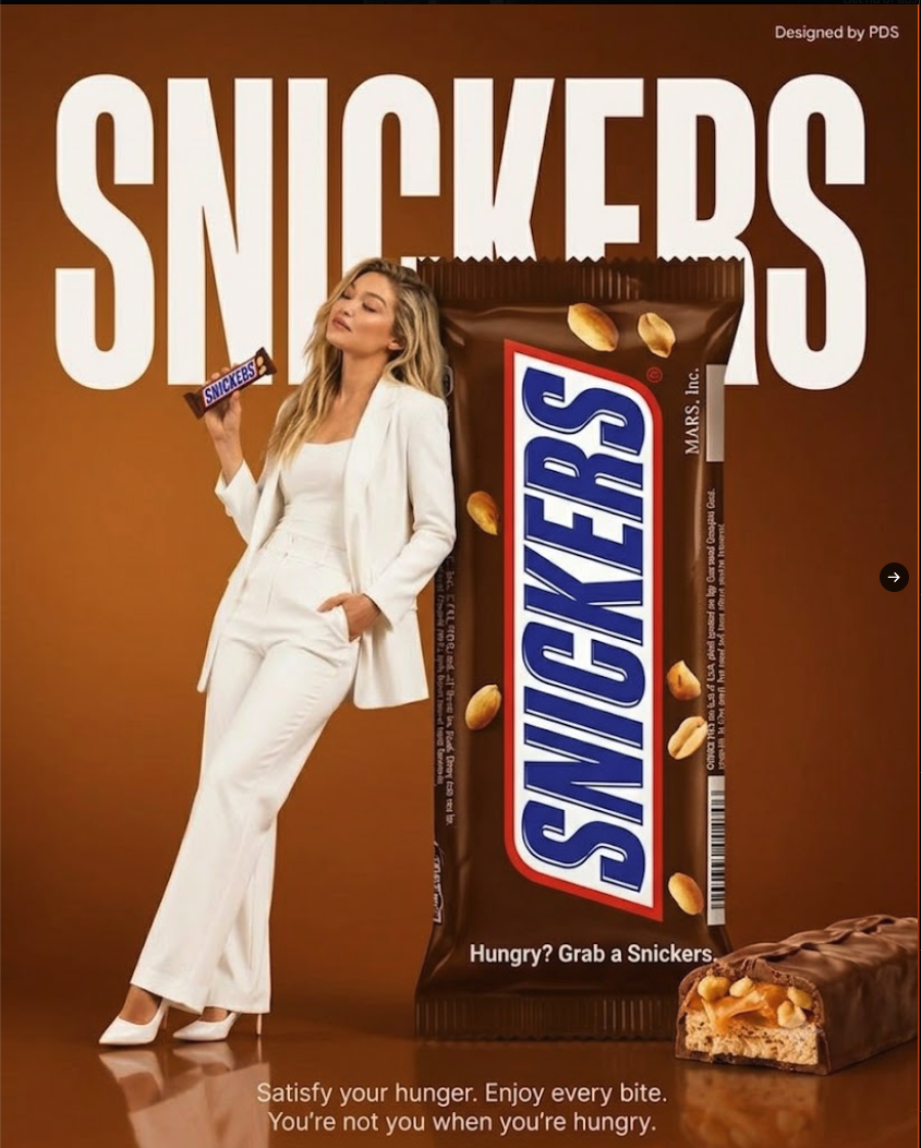 A woman in a white suit posing beside a giant Snickers candy bar.