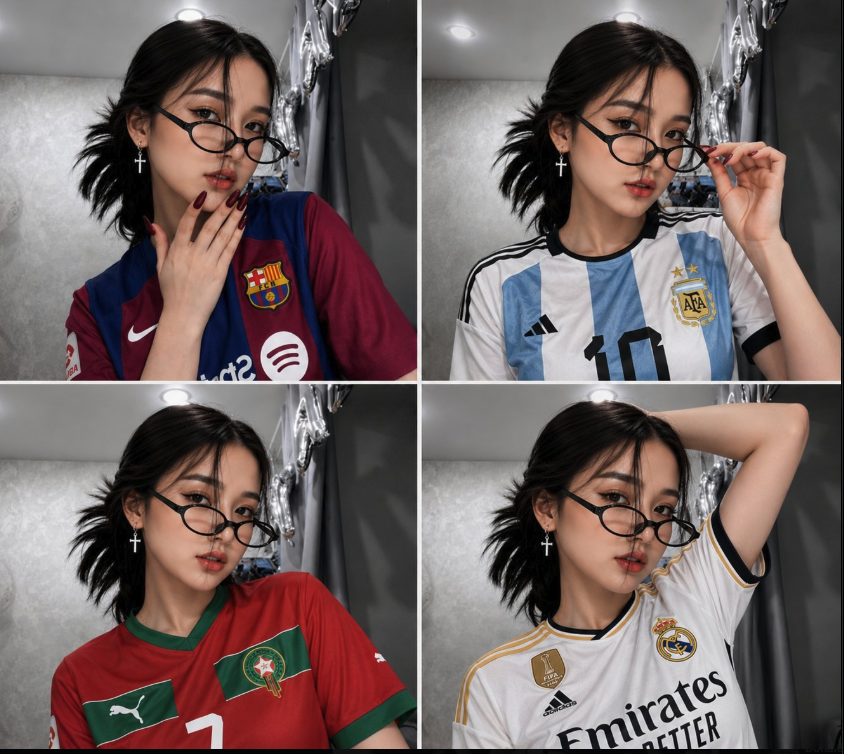 A four-panel composite of a young woman with round glasses and a cross earring wearing different soccer jerseys in an indoor setting.