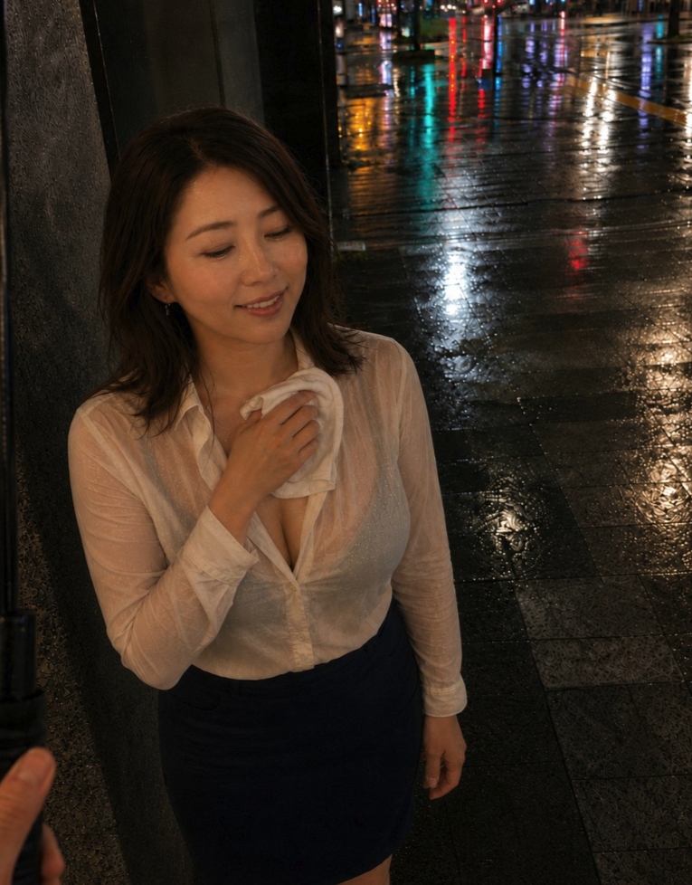 A woman standing on a wet city street at night, holding a handkerchief near her chest.