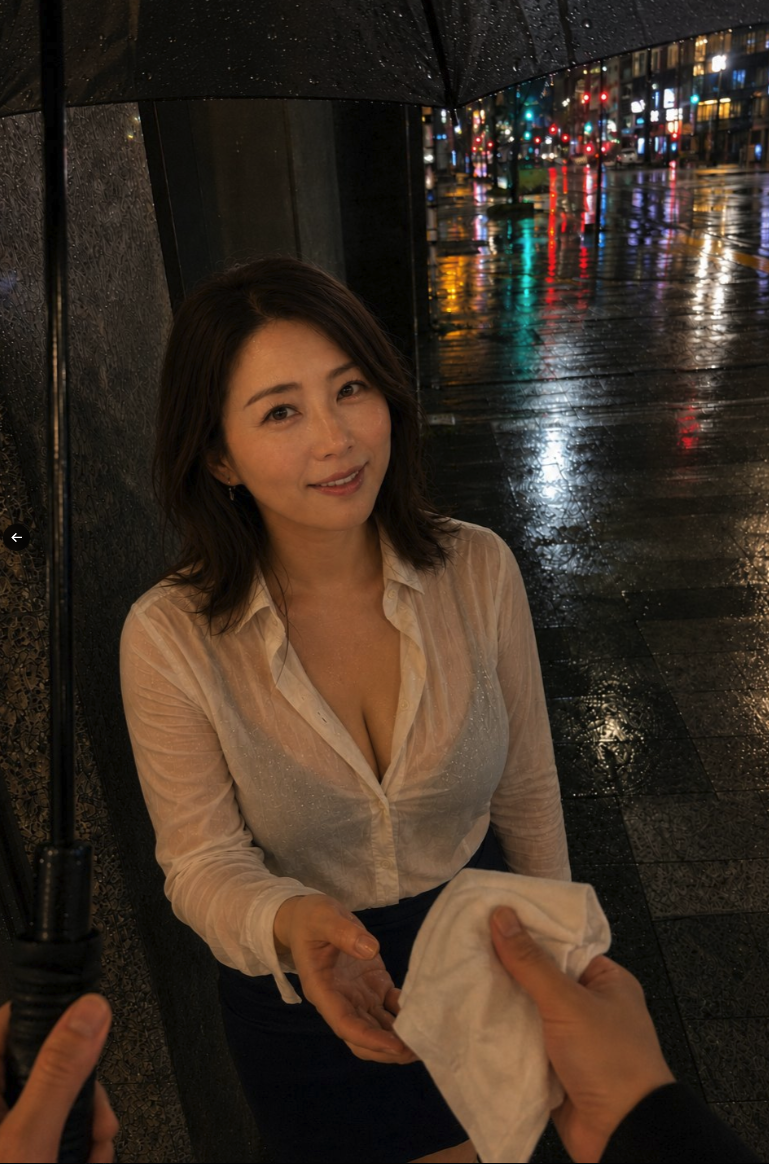 A woman standing under an umbrella on a wet city street at night, wearing a sheer wet blouse.