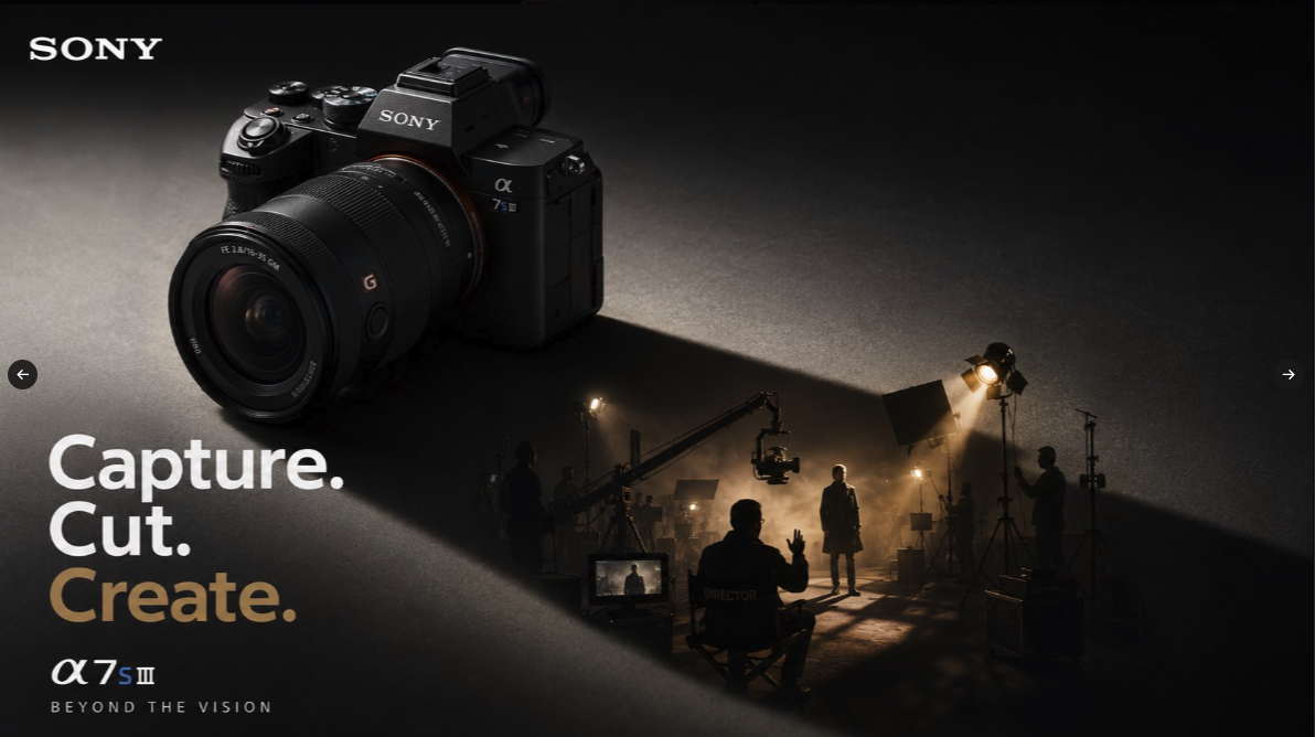 A promotional image showing a Sony α7S III camera with the tagline 'Capture. Cut. Create.' and a film set visible in the background.