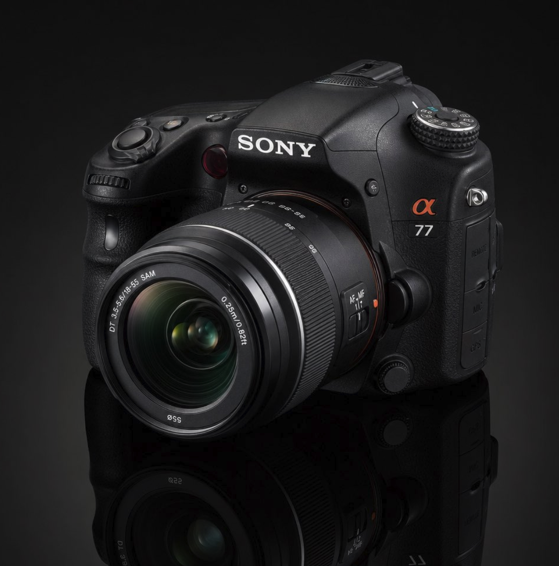 An AI-generated product photograph of a black Sony Alpha 77 DSLR camera with an 18-55mm SAM lens on a reflective dark surface.