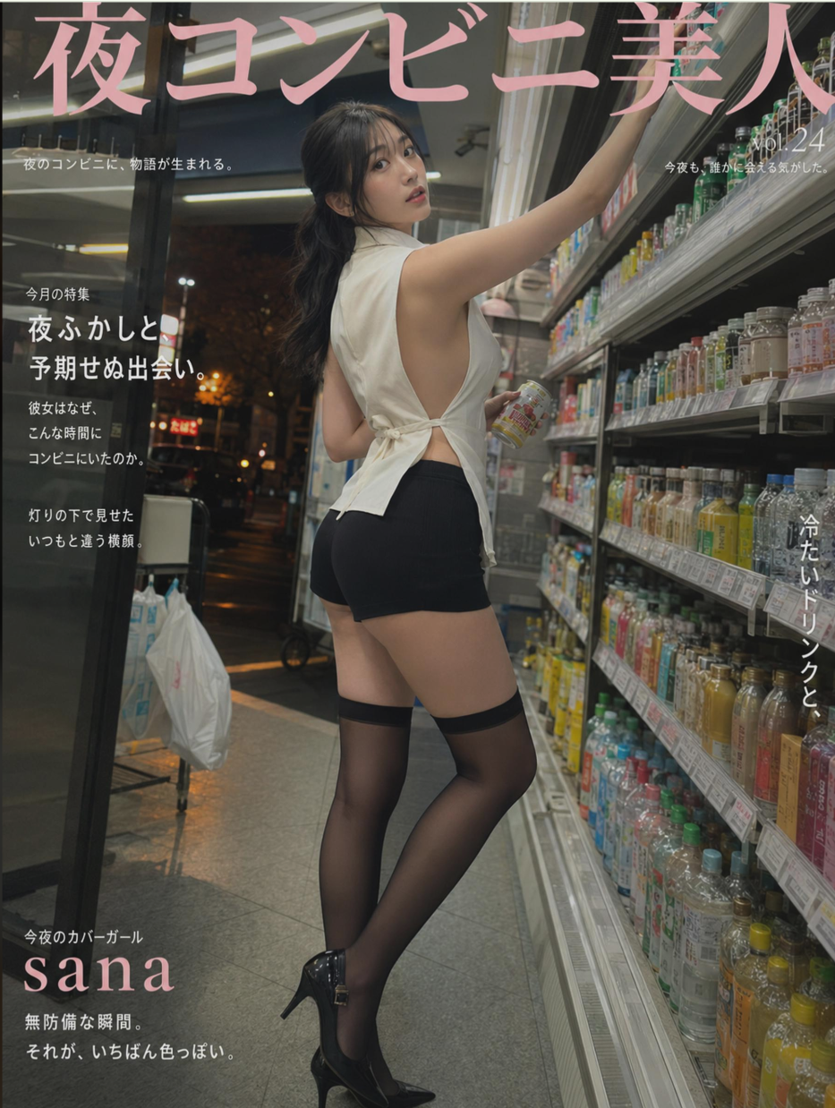 A woman resembling Soomin Kim browsing a refrigerated drink aisle in a convenience store at night, styled as a magazine cover.