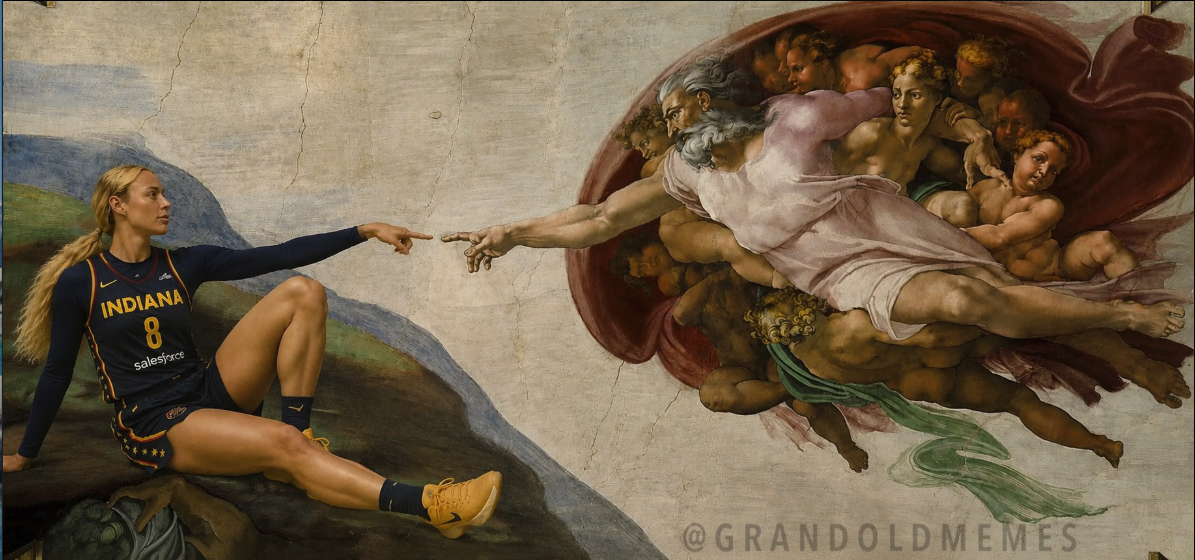 A modern recreation of Michelangelo's Creation of Adam with Sophie Cunningham in an Indiana Fever #8 jersey on the left.