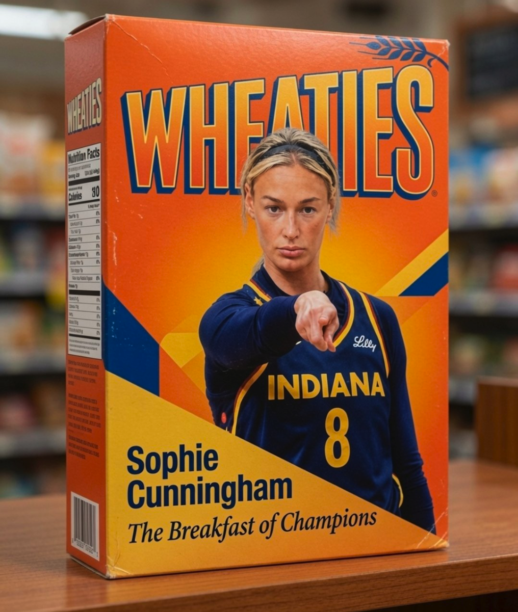 A fabricated Wheaties cereal box appearing to show Sophie Cunningham in an Indiana Fever jersey pointing toward the viewer.