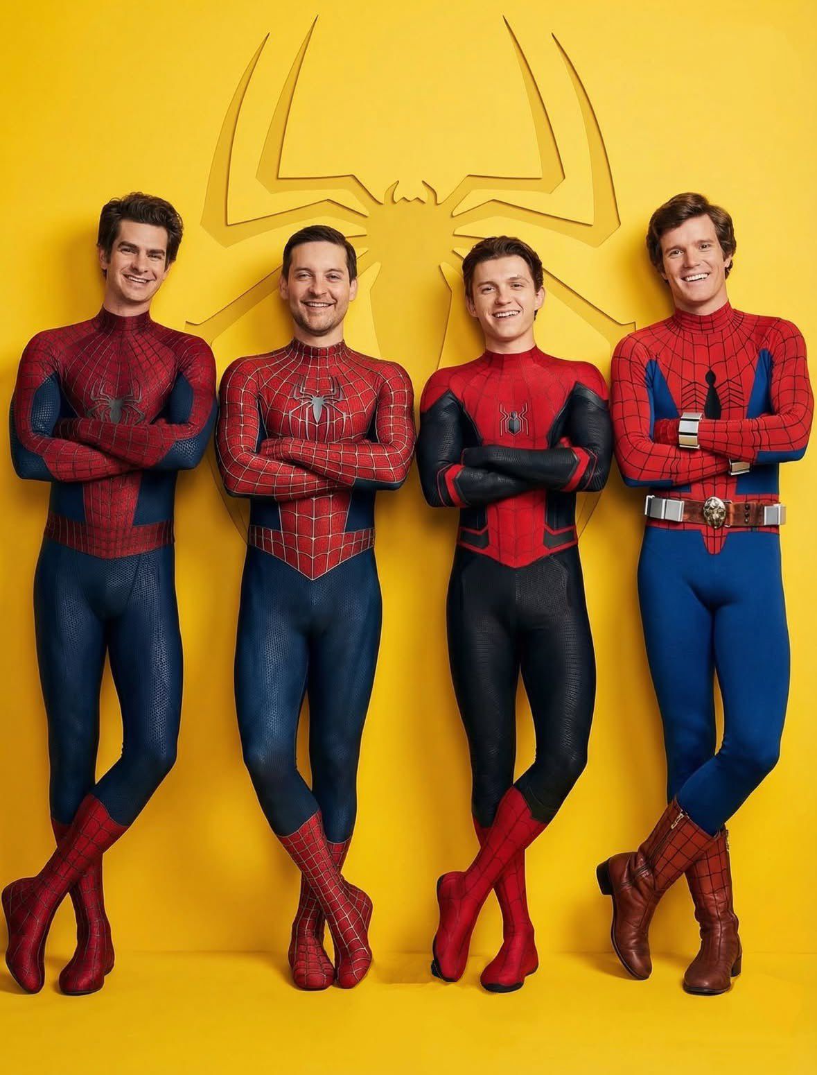 Four figures in Spider-Man costumes standing in a line against a yellow backdrop, three resembling Tobey Maguire, Tom Holland, and Andrew Garfield.