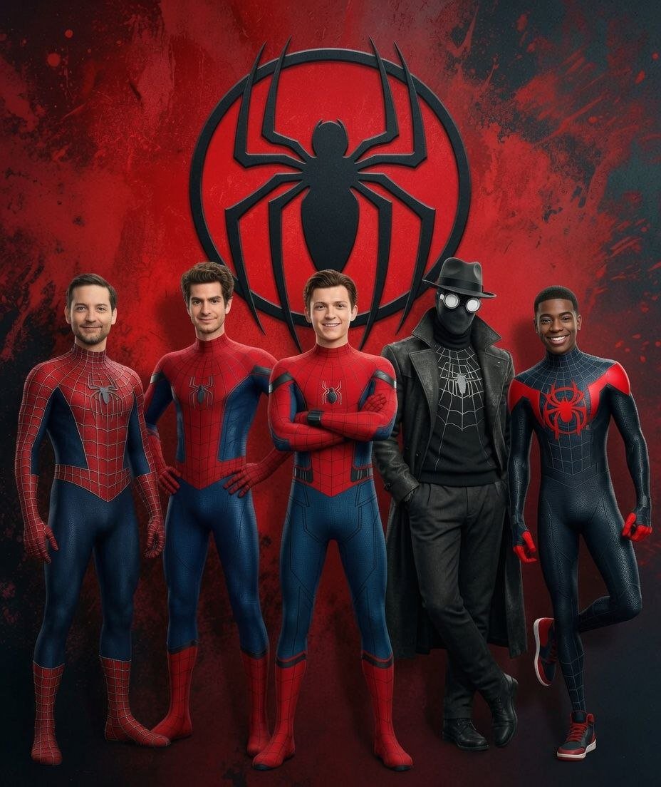 Five men resembling Tobey Maguire, Andrew Garfield, Tom Holland, and Nash the Slash in various Spider-Man costumes against a red background.