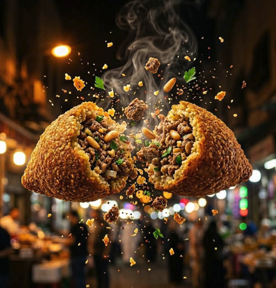 Two halves of a breaded fried rice ball with steaming meat and herb filling, suspended against a blurred night market.