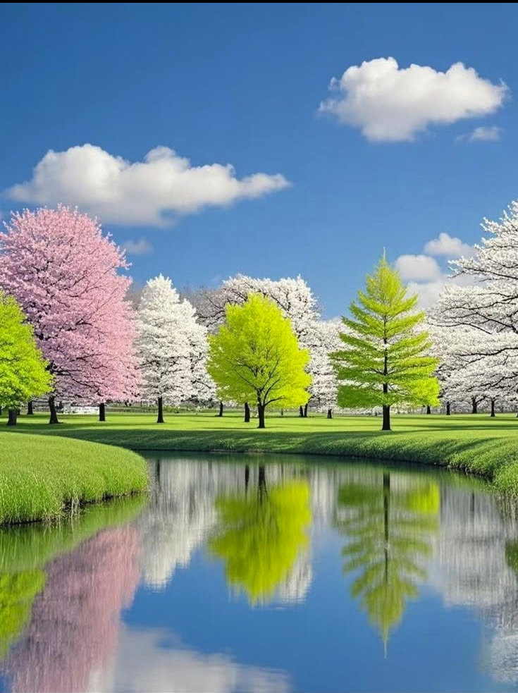 An AI-generated landscape featuring pink and white cherry blossom trees beside a calm pond under a blue sky.
