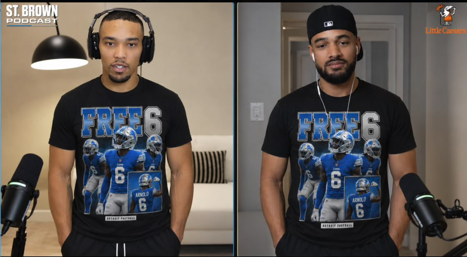 A split-screen screenshot of brothers Amon-Ra and Equanimeous St. Brown on their podcast, both wearing matching black t-shirts featuring a Detroit Lions football player and the text "FREE 6" in blue block letters.