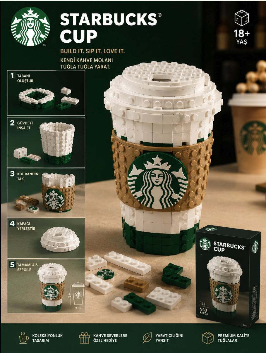 Promotional packaging for a brick-style Starbucks coffee cup building set, with Turkish-language assembly instructions and an 18+ age marker.