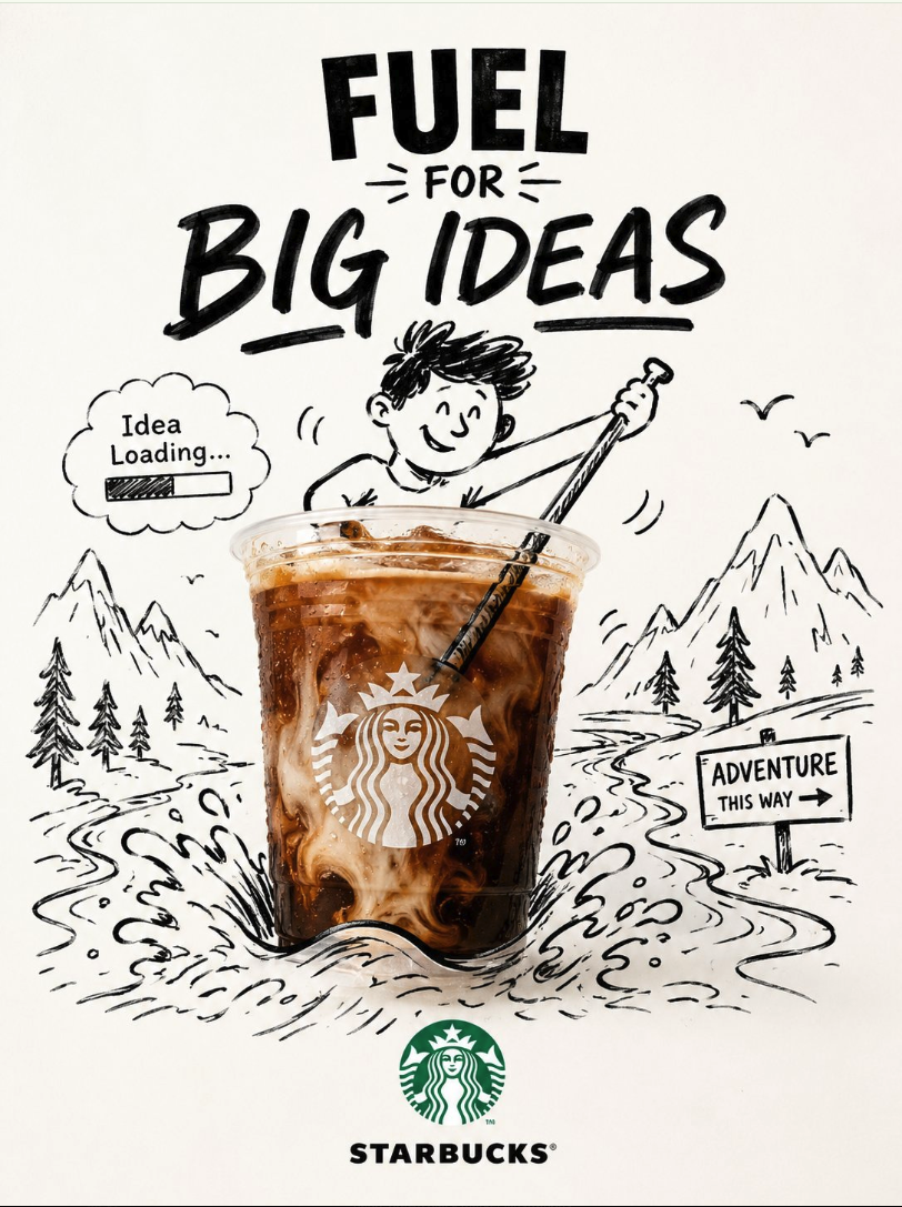 A Starbucks iced coffee cup surrounded by black hand-drawn sketches of a cartoon man, mountains, and the text 'Fuel for Big Ideas'.