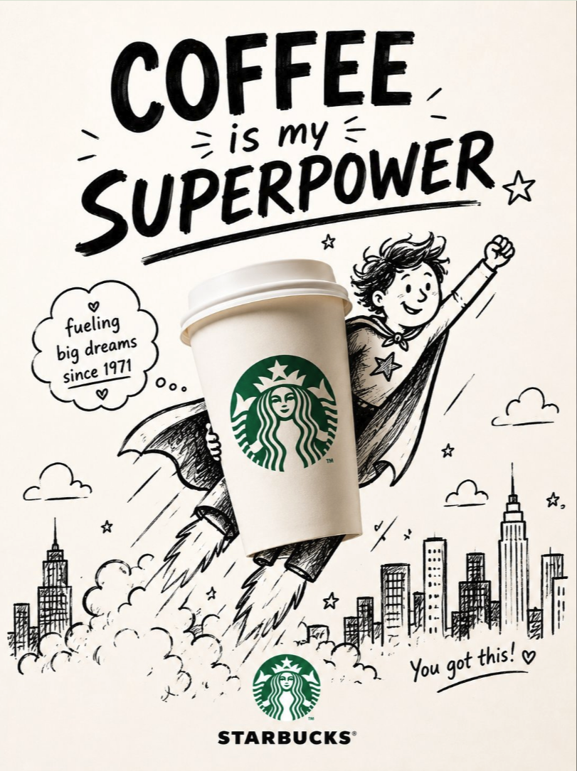 An illustrated Starbucks coffee cup with a caped child flying over a city skyline beneath the text 'Coffee is my superpower'.