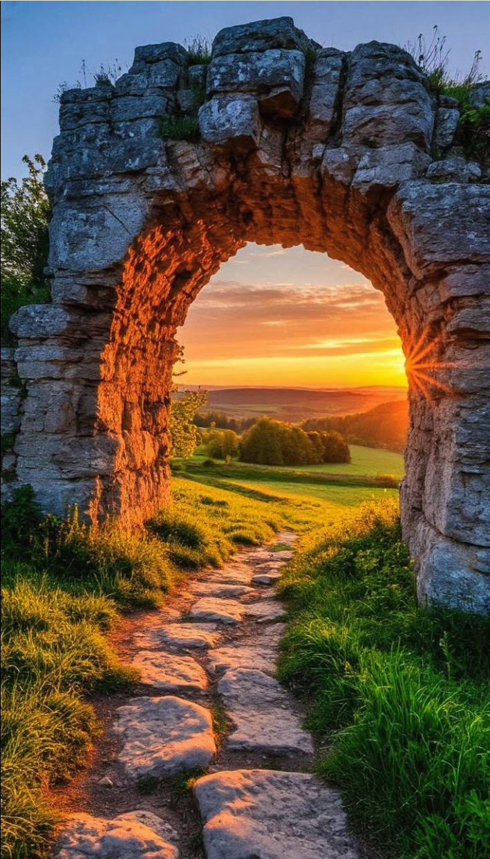 A weathered stone archway framing a golden sunset over rolling green fields and distant hills, viewed along a stone path.