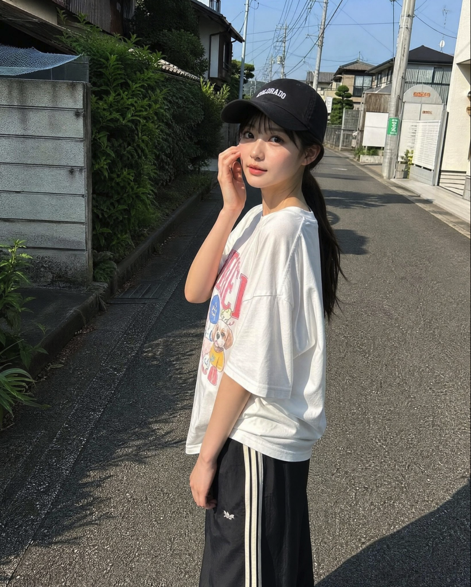 A young womanstanding on a residential street in casual clothing.