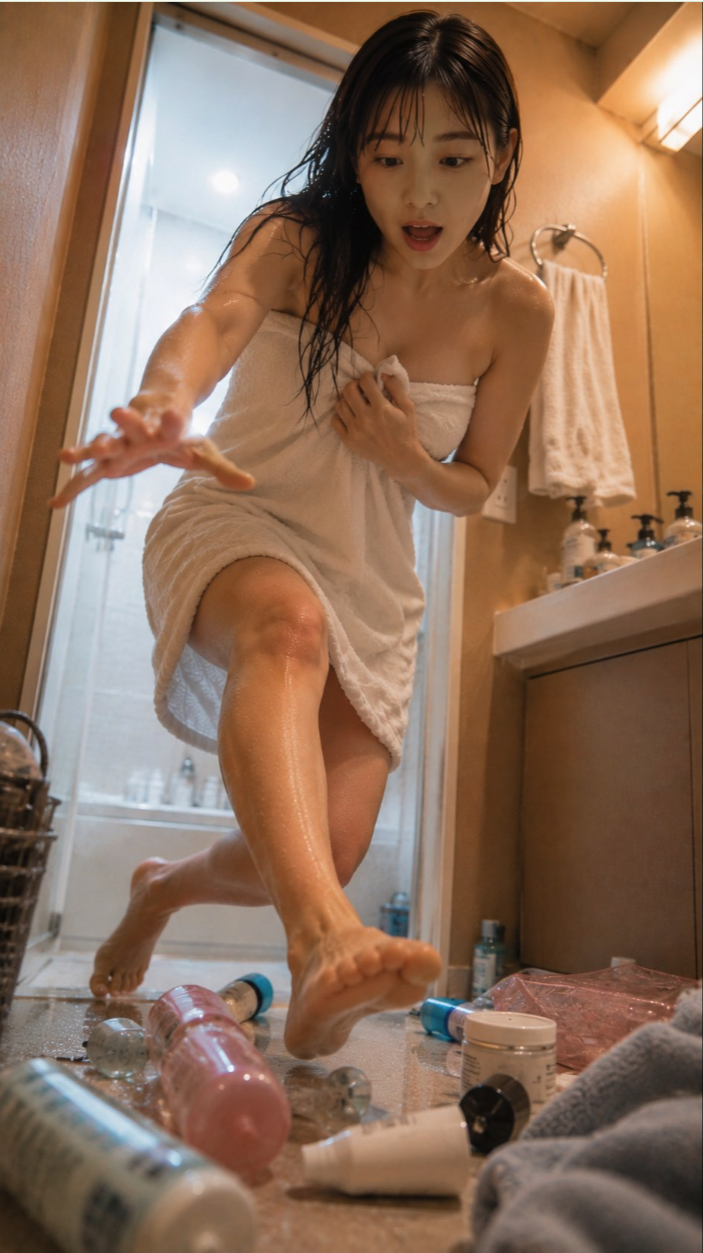 A woman resembling Yua Shinkawa wrapped in a towel, slipping forward in a bathroom with scattered toiletries on the floor.