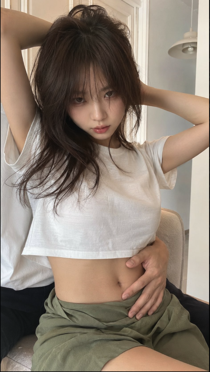 A woman resembling Sulli posing indoors with arms raised behind her head, wearing a cropped white t-shirt.