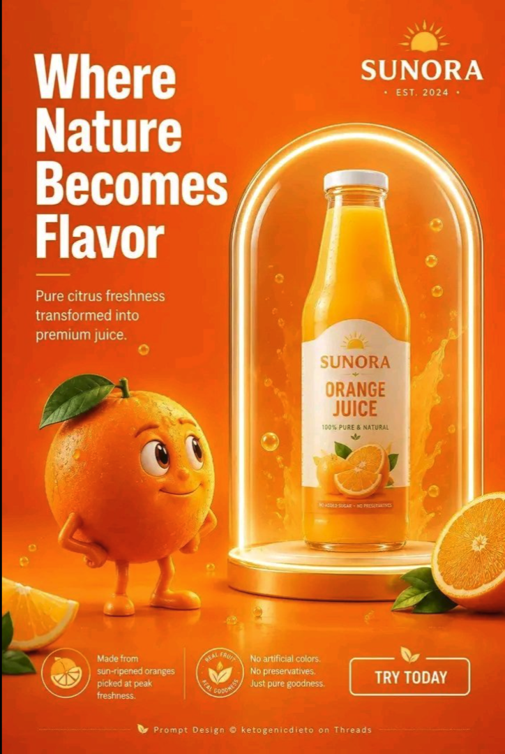 An orange product advertisement featuring a cartoon orange mascot beside a bottle of SUNORA orange juice on a glowing pedestal.