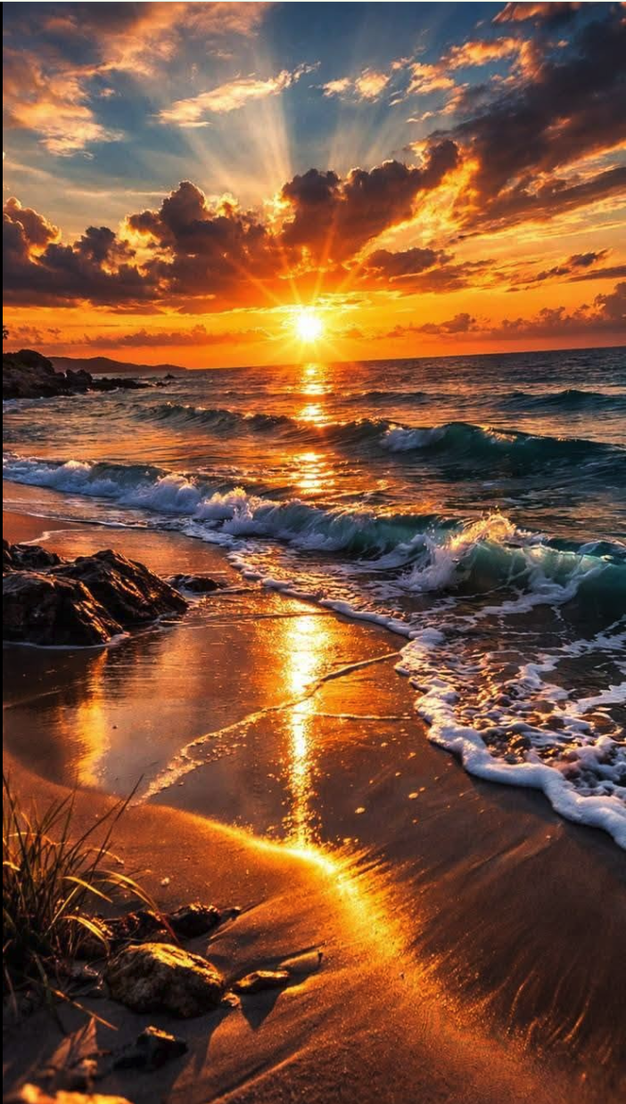 A dramatic sunset over an ocean beach with crashing waves and clouds illuminated in orange and gold tones.