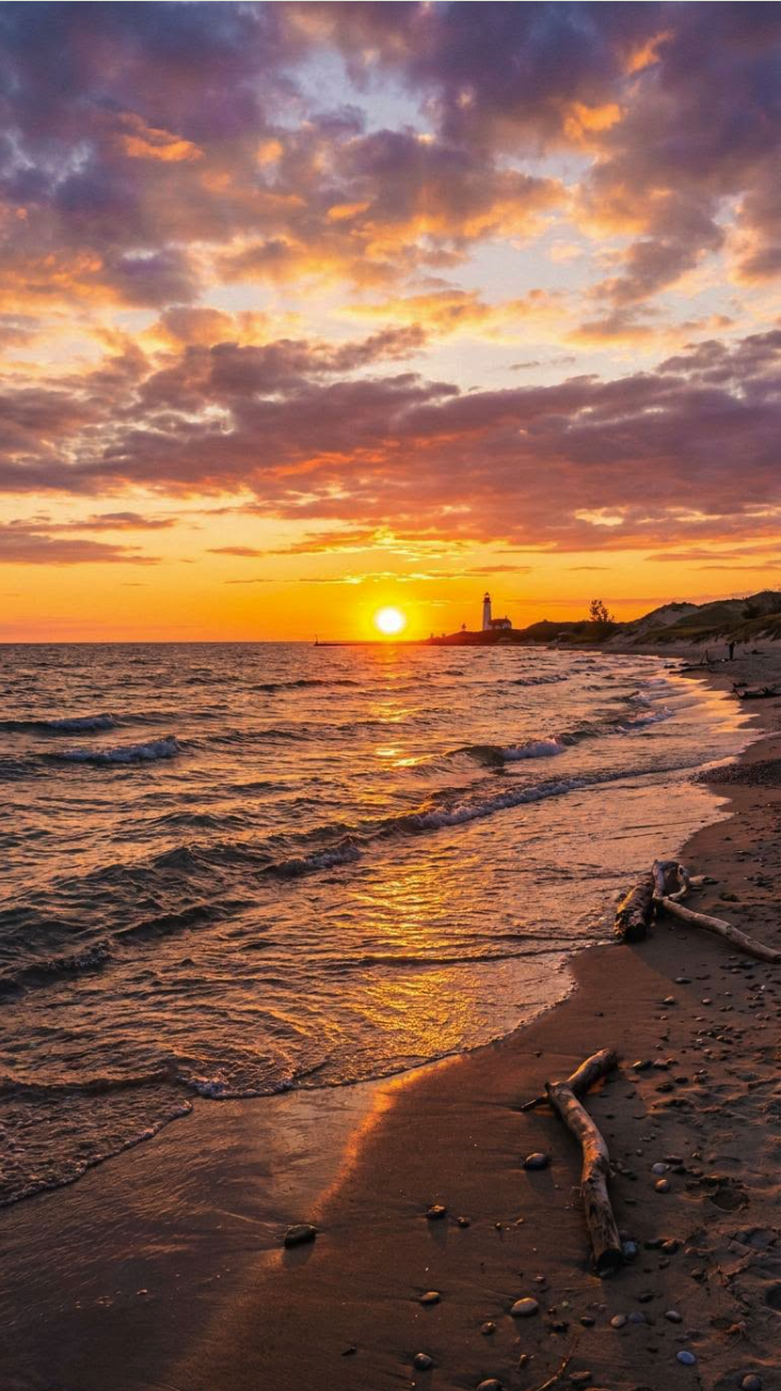 A sunset over a beach with a lighthouse on the distant shoreline and driftwood on the sand.