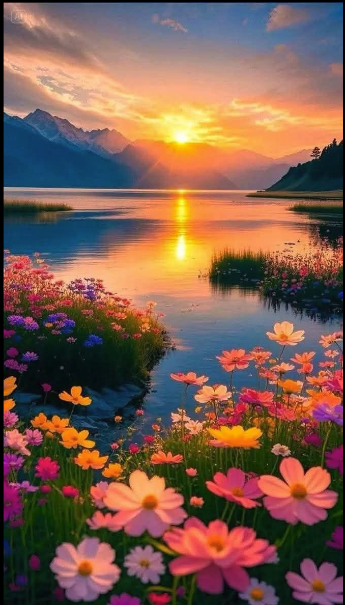 A vibrant sunset over a calm lake framed by mountains, with colorful wildflowers in the foreground.