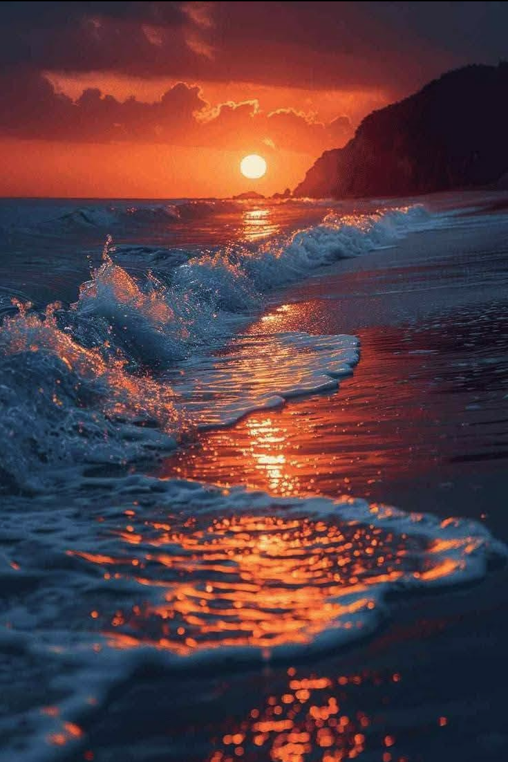 An AI-generated sunset over ocean waves rolling onto a sandy beach, with a dark headland on the right.