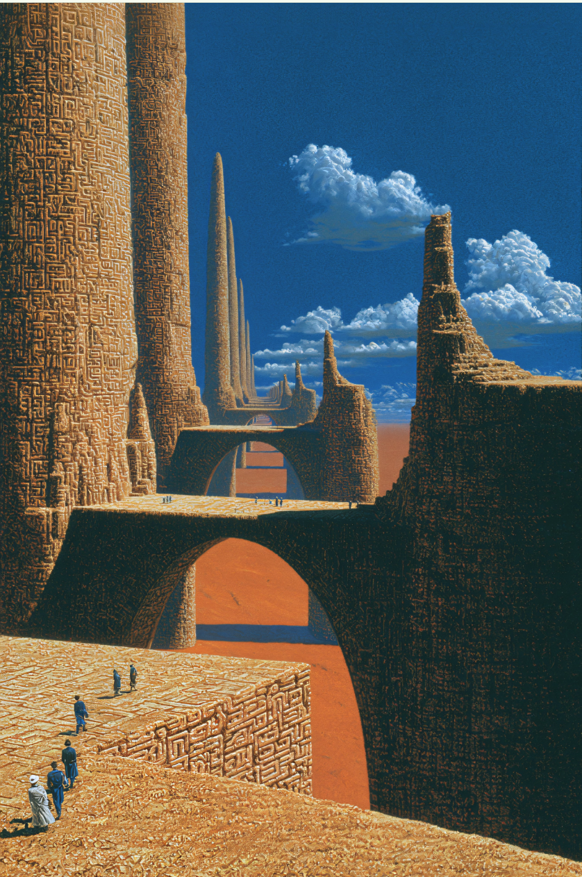 A surreal desert landscape of towering stone towers and arches covered in maze-like carved patterns, with small robed figures walking on the structures under a blue sky with cumulus clouds.