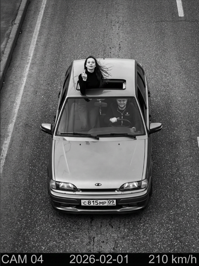 A surveillance-style still of a silver sedan on a road, with a woman emerging through the open sunroof and a man driving.