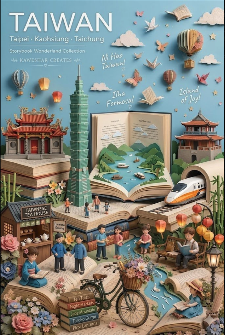An illustrated Taiwan tourism scene featuring Taipei 101, Sun Moon Lake, a high-speed train, and small cartoon figures among giant open storybook pages.