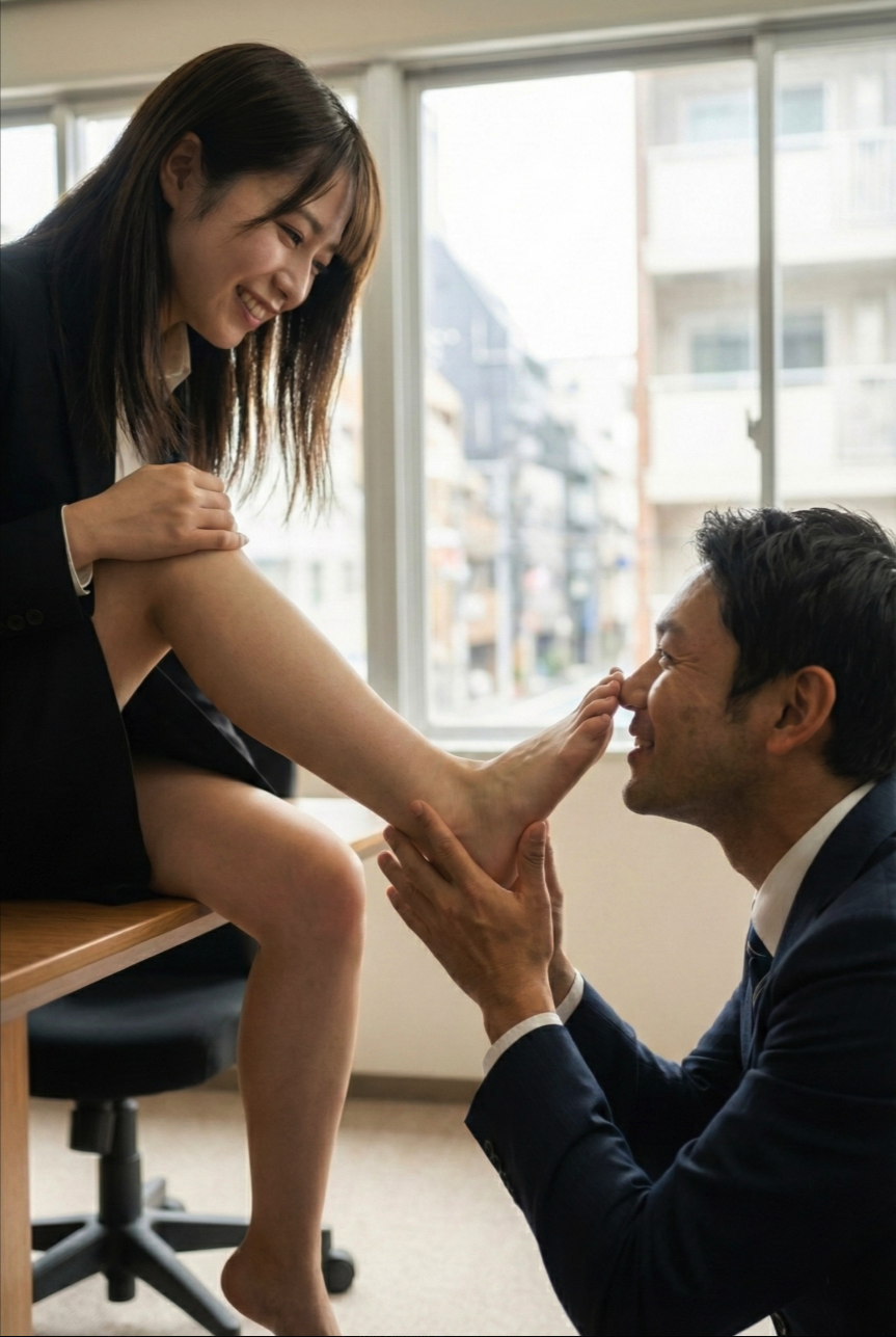 A woman resembling Yui Yokoyama seated on a desk while a man resembling Yutaka Takenouchi kneels beside her in an office.