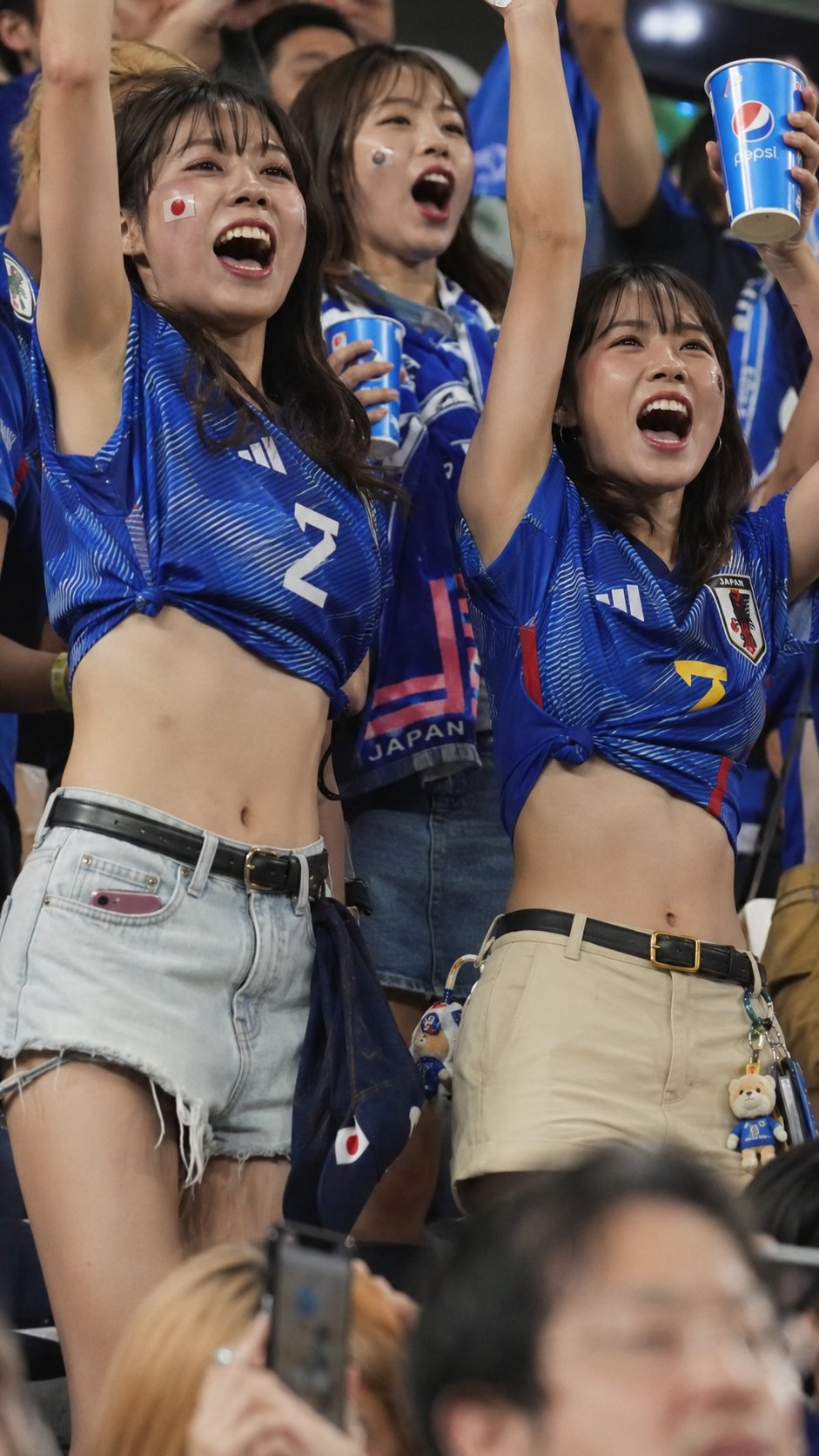 Three people resembling Muhai Tang, Ayaka Sasaki, and Son Ye-jin cheering in blue Japan football jerseys.