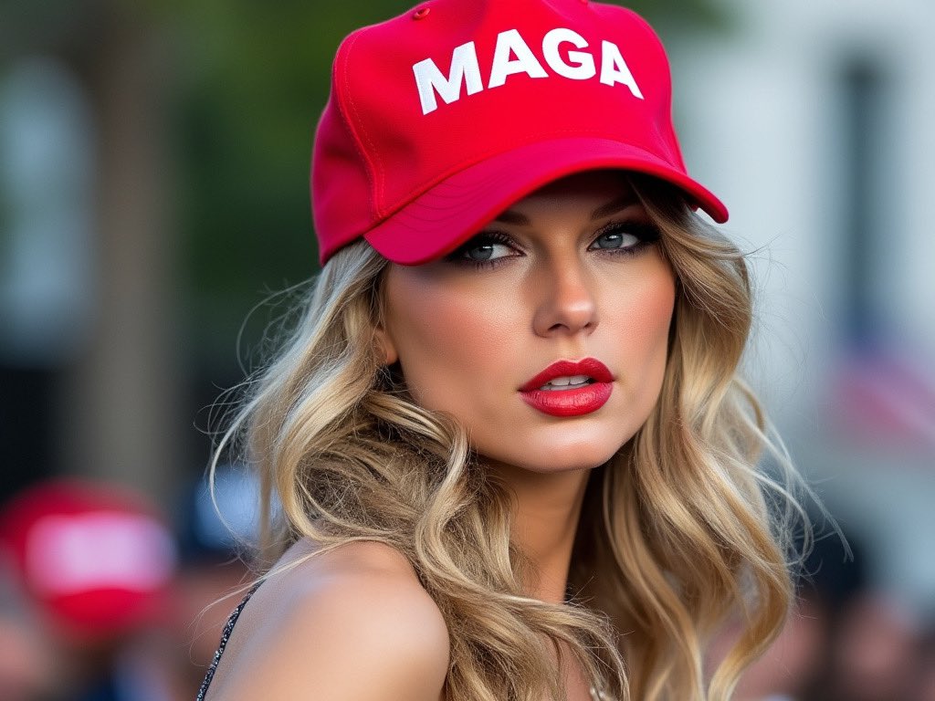 A woman resembling Taylor Swift wearing a red cap labeled 'MAGA'.