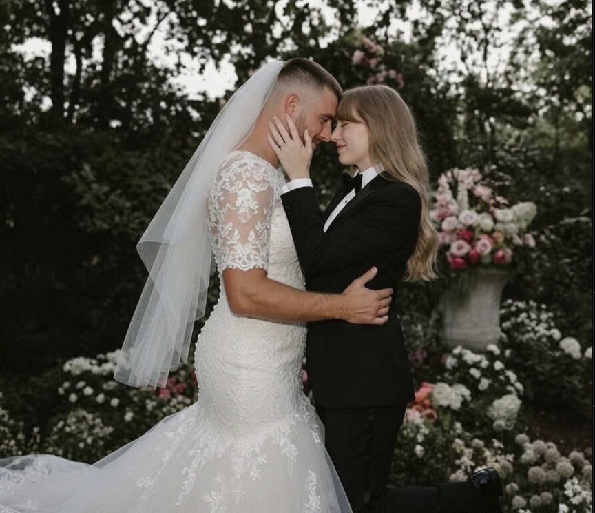 A woman resembling Taylor Swift in a white lace wedding dress and veil embracing a man in a black tuxedo in a garden.