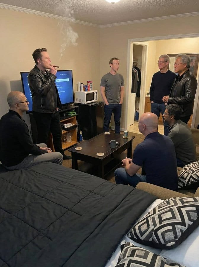 Several men resembling tech CEOs including Elon Musk, Mark Zuckerberg, Jeff Bezos, Tim Cook, Satya Nadella, and Jensen Huang gathered in a living room, with one smoking a cigar.