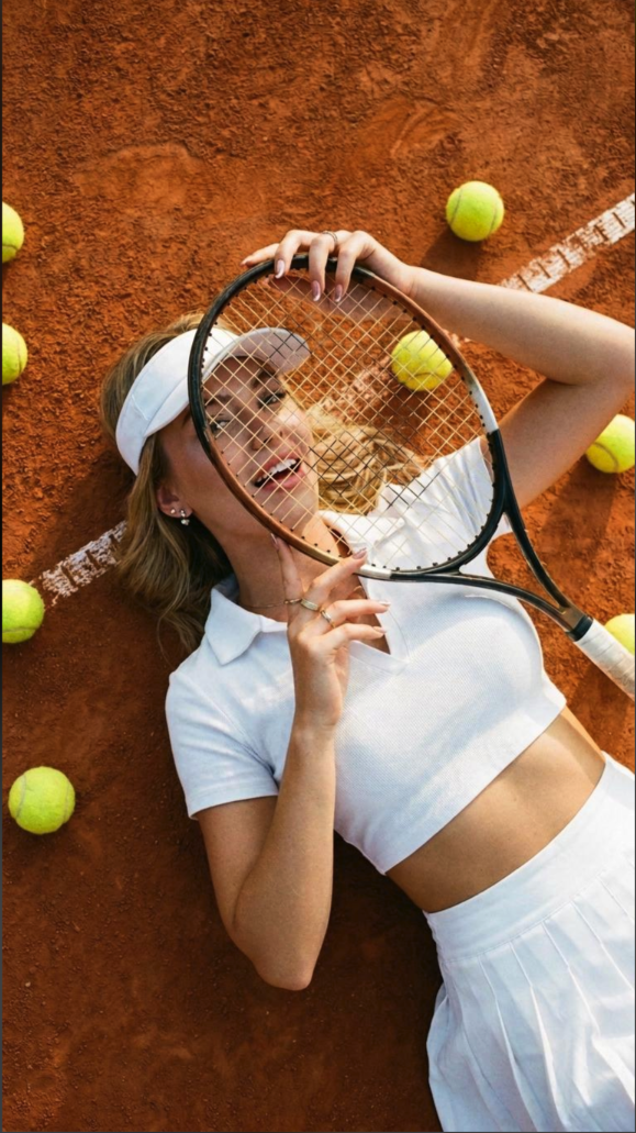A woman lying on a red clay tennis court, holding a tennis racket over her face, surrounded by tennis balls.
