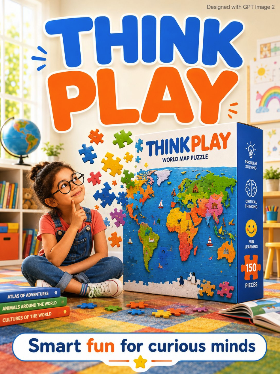 A child sitting on a colorful rug beside a world map puzzle in a brightly lit playroom.