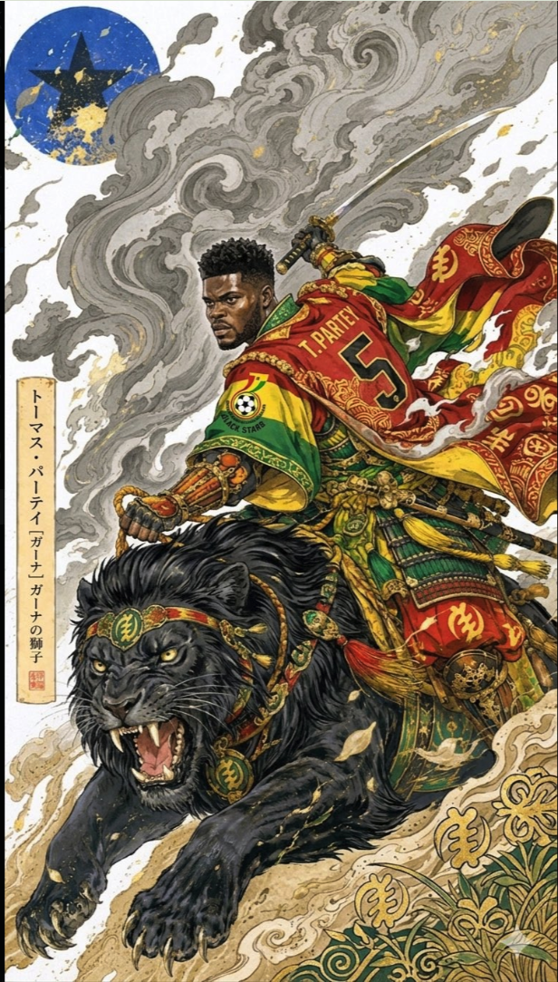 A stylized illustration appearing to show a man resembling Thomas Partey in samurai-style armor riding a black panther, rendered as a Japanese ukiyo-e print.