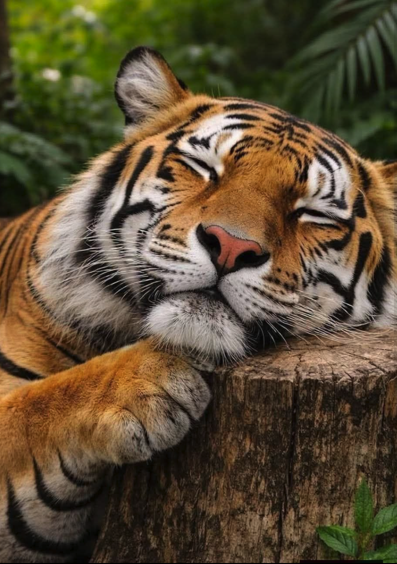 A tiger resting its head and paws on a wooden tree stump, surrounded by green foliage.